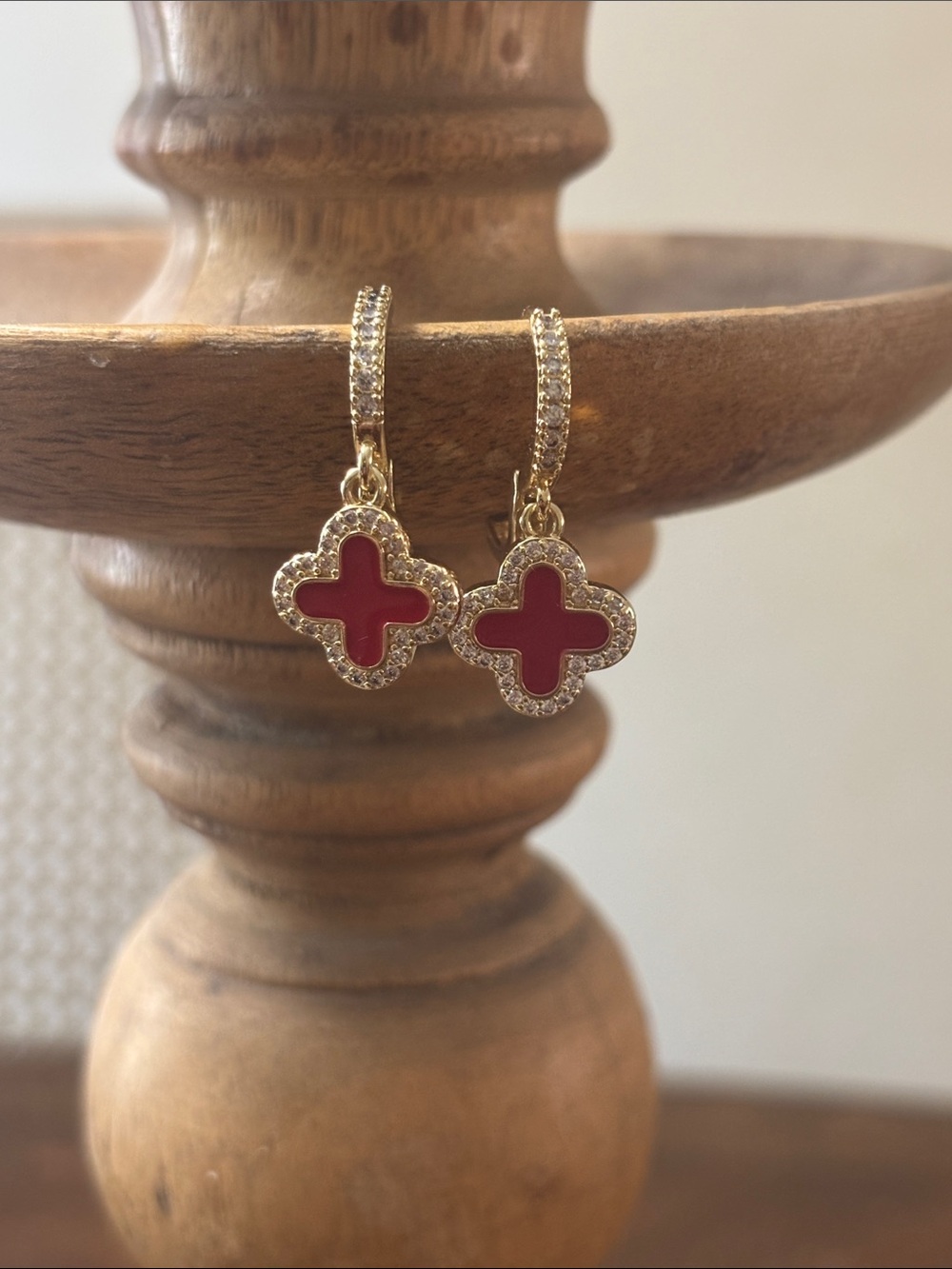 Gold-Tone Red Clover Drop Huggie-Hoop Earrings
